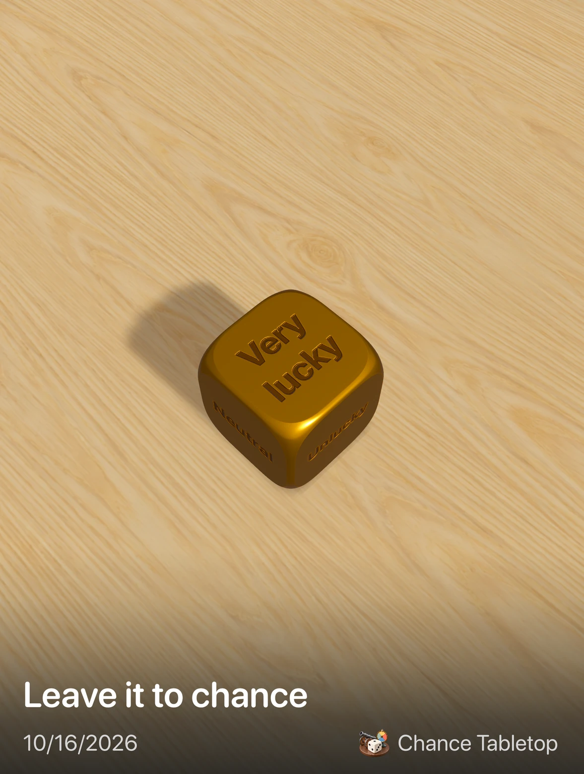 A gold die on the wooden tabletop, arranged as a share card.