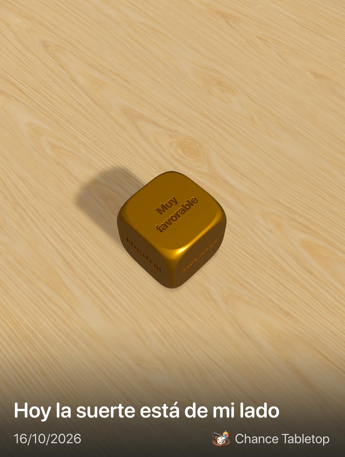 Un dado de oro sobre madera en una tarjeta para compartir.