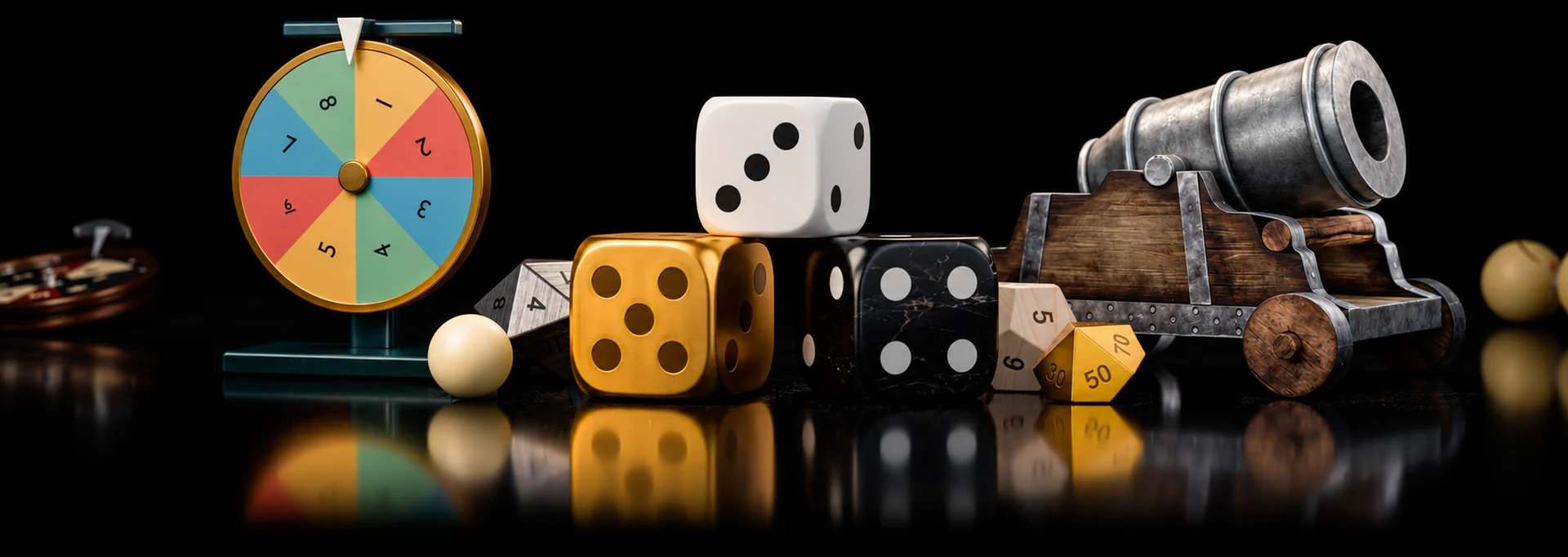 The Chance Tabletop collection: colorful wheels, dice in wood, gold and obsidian, and a miniature cannon.